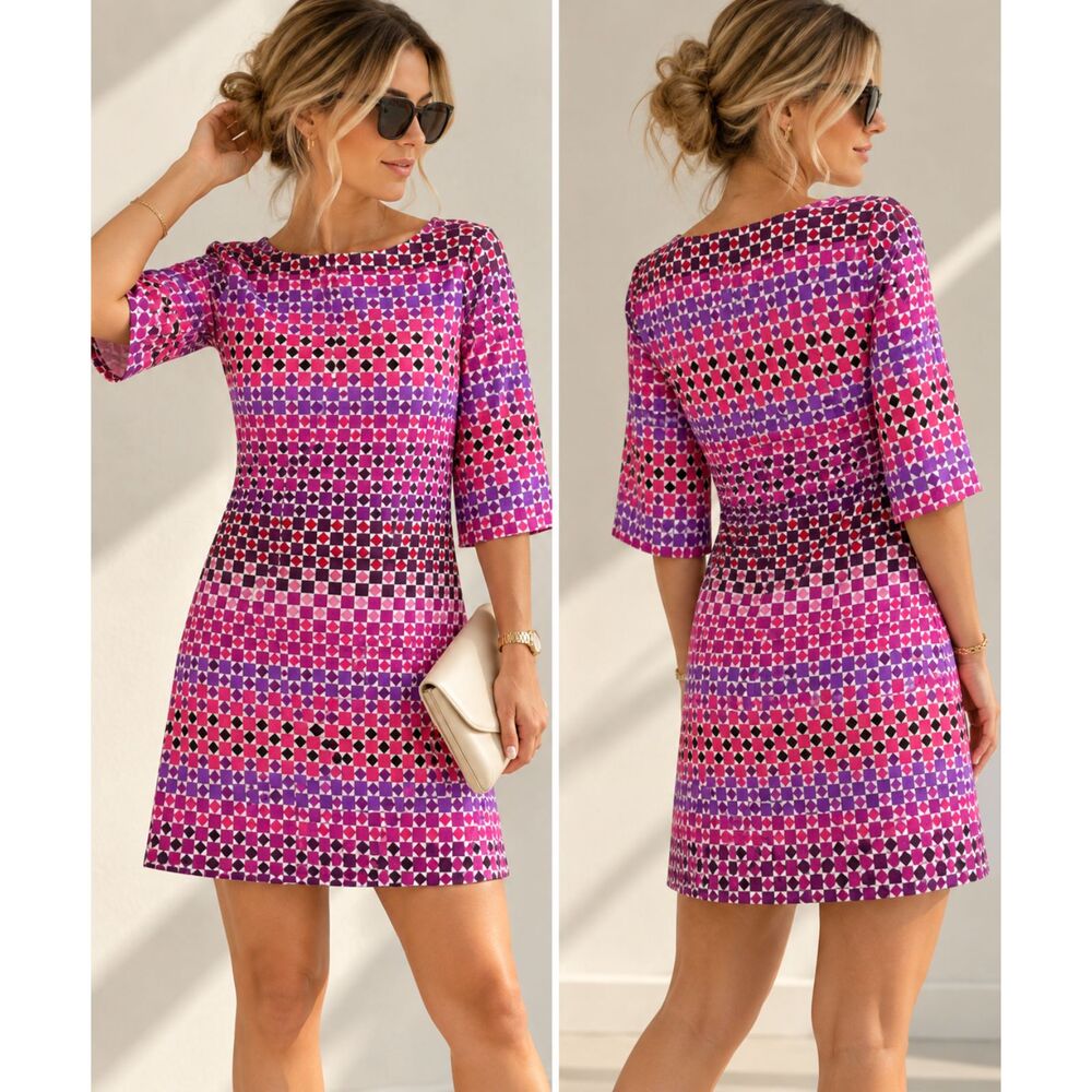 Donna Morgan Pink Purple Geometric Shift Dress Women’s Size 12 Retro Mod